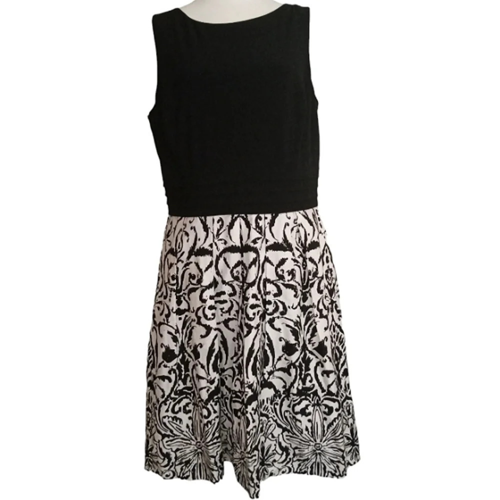Lauren Ralph Lauren Black White Fit Flare Ikat Knee Length Dress Size 14